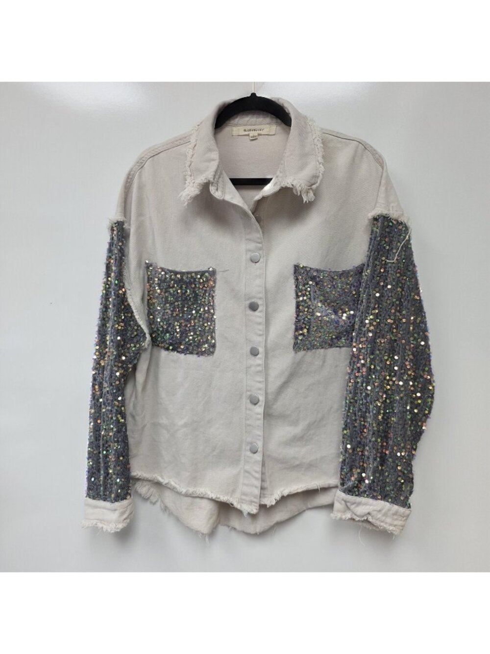 BLUEVELVET Jacket Womens L Beige Sequin Sleeve Shacket Snap Pockets Sparkle